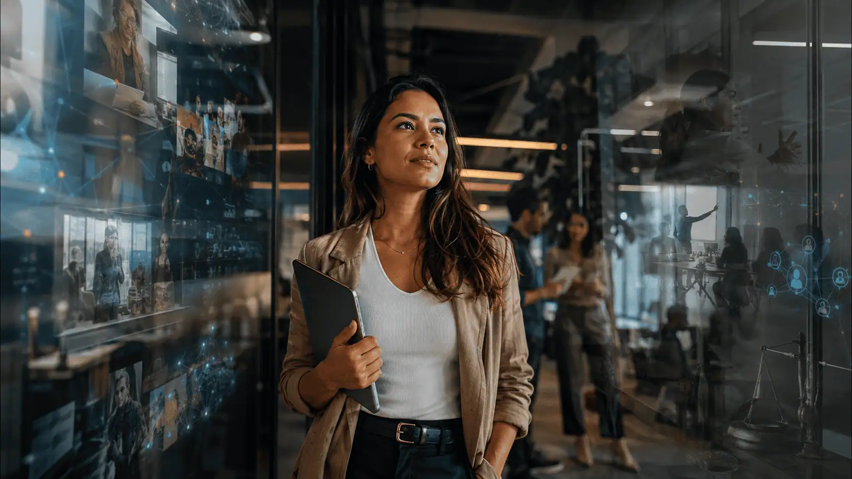 Mulher em escritório moderno com elementos de tecnologia e IA ao redor, representando as profissões do futuro e a transformação das carreiras.