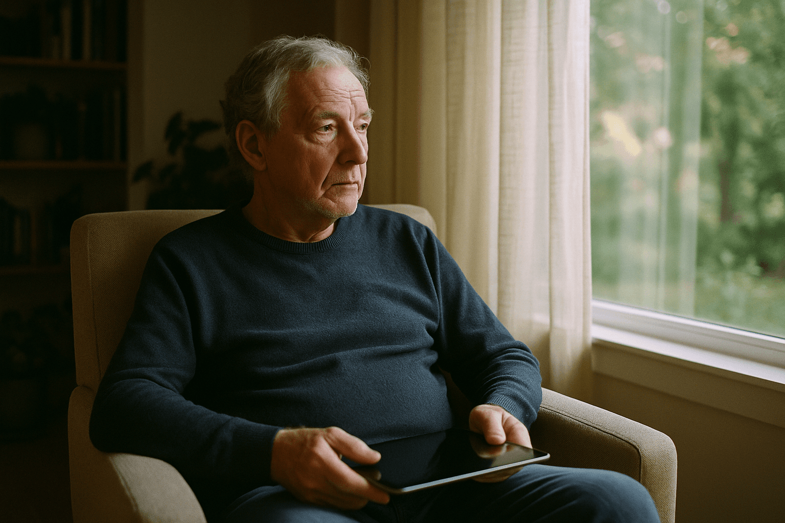 An older man sits in an armchair by a window, gazing outside with a dark tablet resting in his lap.