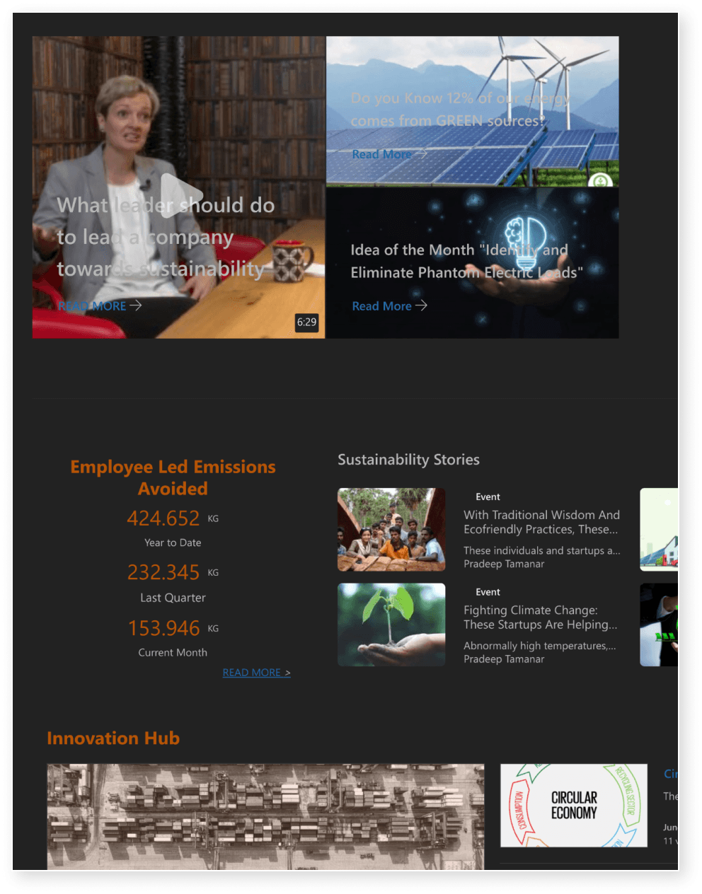 A screenshot of the dashboard of the Sustainability Engagement Hub
