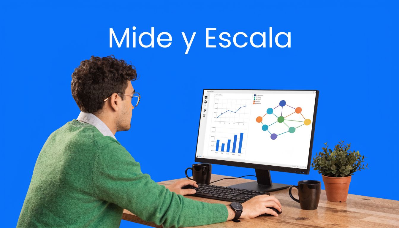 Un hombre joven con suéter verde trabajando en una computadora, analizando gráficas y datos de negocios.