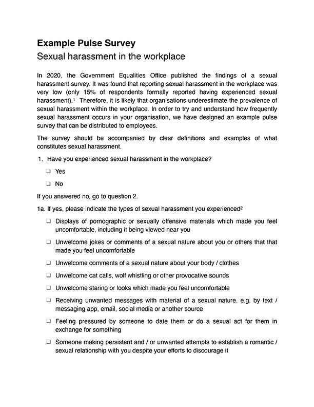 Example pulse survey document - sexual harassment in the workplace