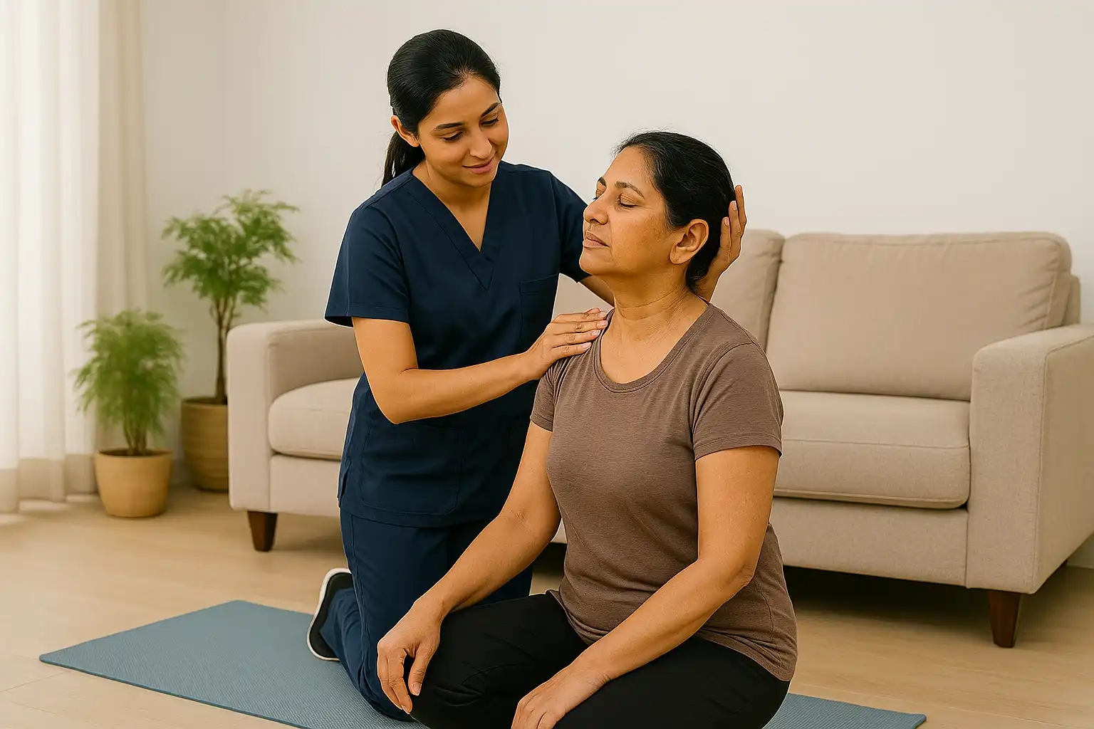 Physiotherapist providing gentle neck and upper-back mobility therapy for stress-related back stiffness.
