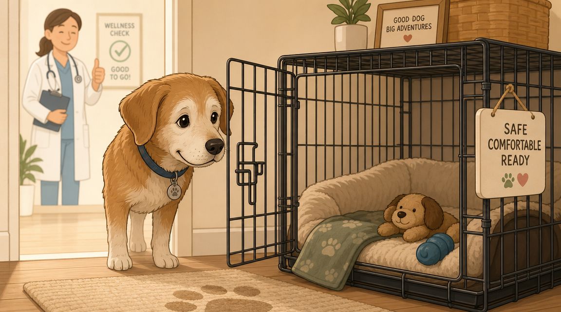 A friendly golden-brown puppy standing near its open crate with a stuffed toy inside.