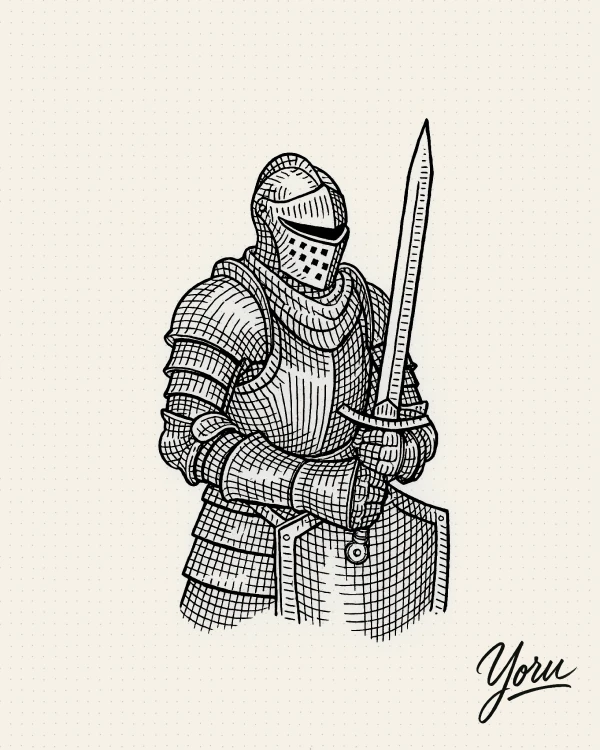 Diseño de tatuaje de un caballero medieval con armadura, sosteniendo una espada y un escudo, en estilo de grabado.