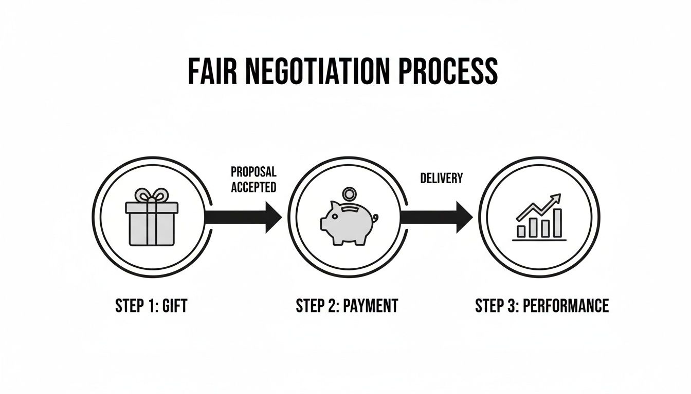 Diagram illustrating a fair negotiation process with steps: Gift, Payment, and Performance, linked by arrows.