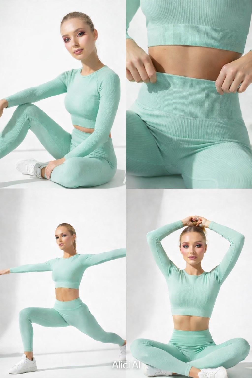 AI-generated activewear lookbook — mint-green ribbed set across 4 poses, produced with Alici AI