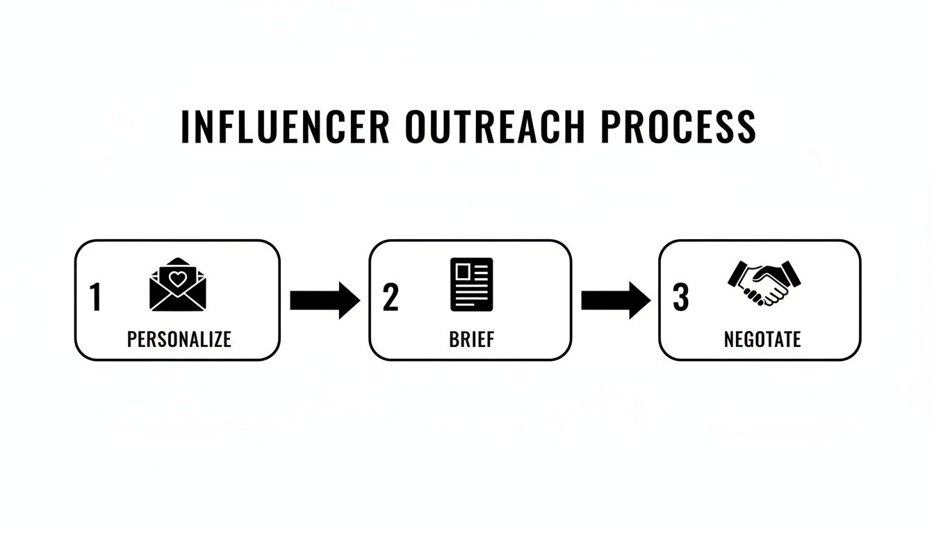 An infographic detailing a 3-step influencer outreach process: personalize, brief, and negotiate.