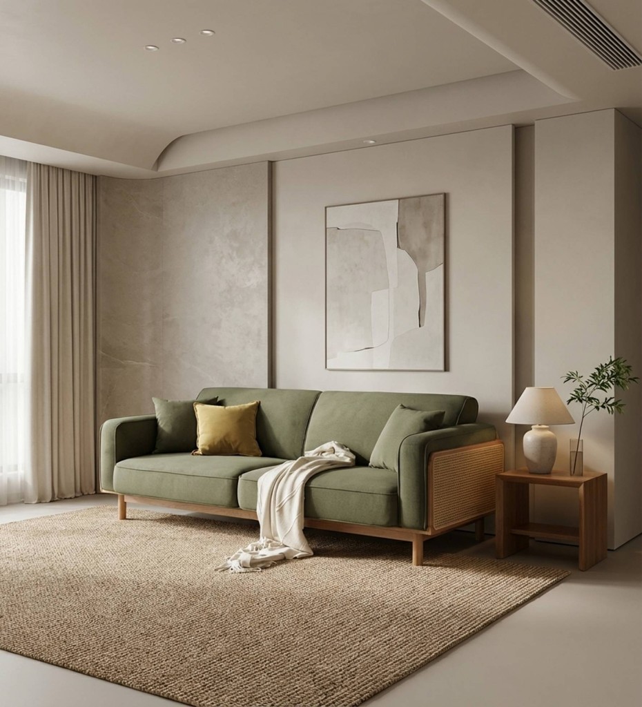 Luxury contemporary cane sofa with teal upholstery and wooden frame