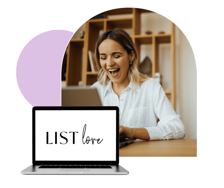 A woman in a white shirt is happily working on a laptop, with a decorative purple arc behind her; in the foreground, another laptop displays the words "LIST love."