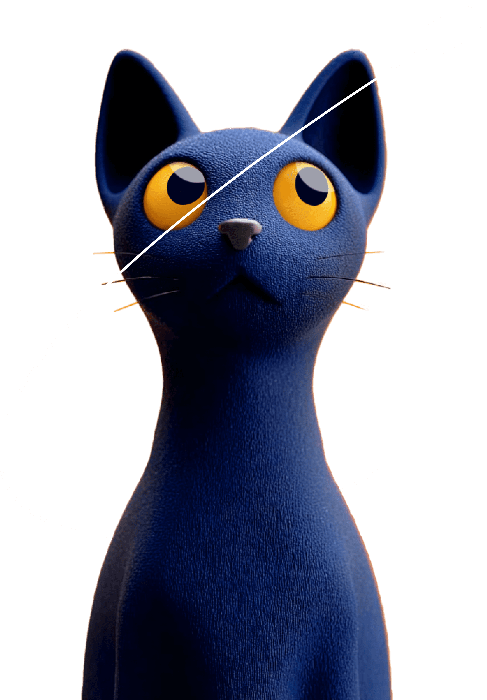 A blue cartoon cat with large yellow eyes stares upward at a floating cotton swab above its head, against a simple, light-colored background.