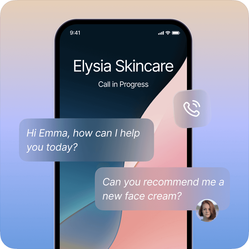 Customer call screen for Elysia Skincare with chat overlay recommending a new face cream.