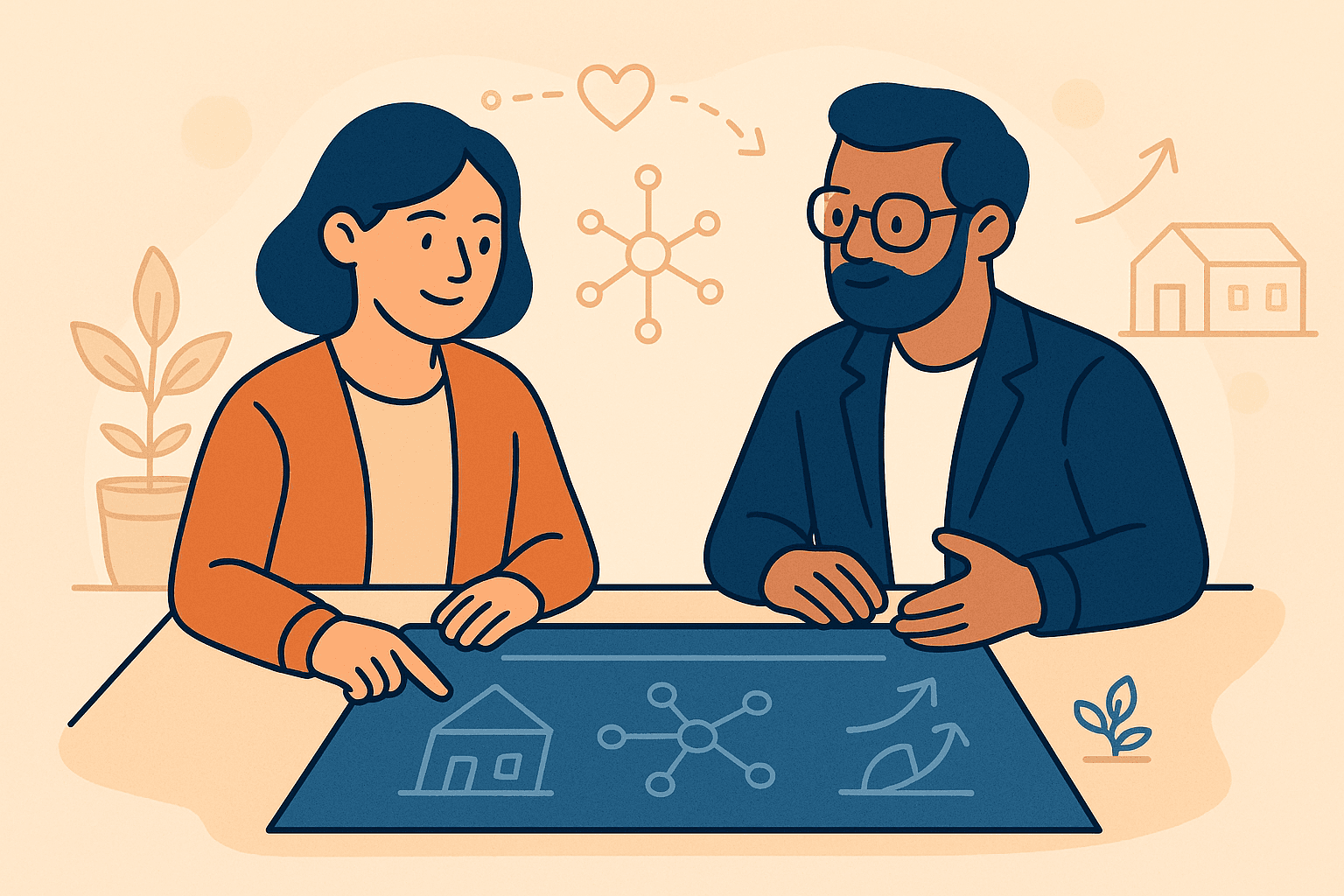 Two nonprofit leaders review plans for a new community space, surrounded by icons for growth, systems, and technology integration.