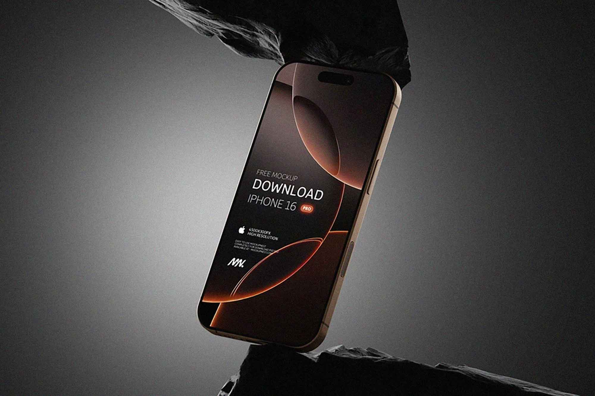 A sleek phone, likely an iPhone 16 Pro, is displayed at an angle between dark rock formations. The screen shows a futuristic design and download promo