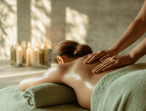 A close-up of hands performing a relaxing massage, with warm golden light illuminating the skin. The scene evokes a sense of relaxation and well-being.