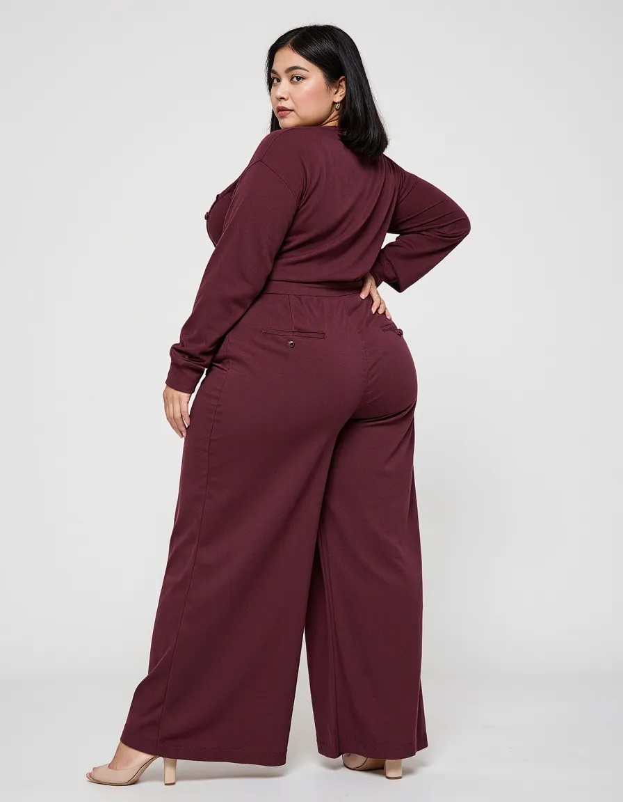 Burgundy wide-leg jumpsuit photographed against a clean white background showcasing elegant plus-size fashion styling