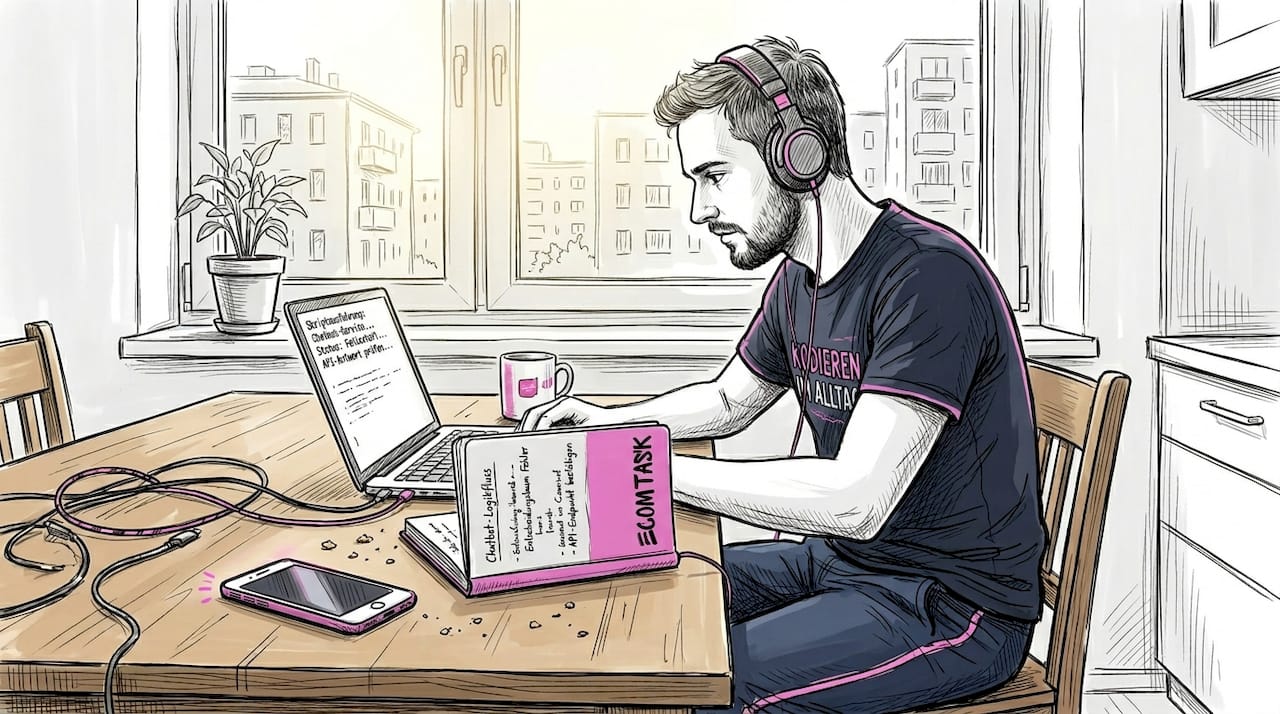 Ein IT-Experte tüftelt mit einem KI-Chatbot am Küchentisch.