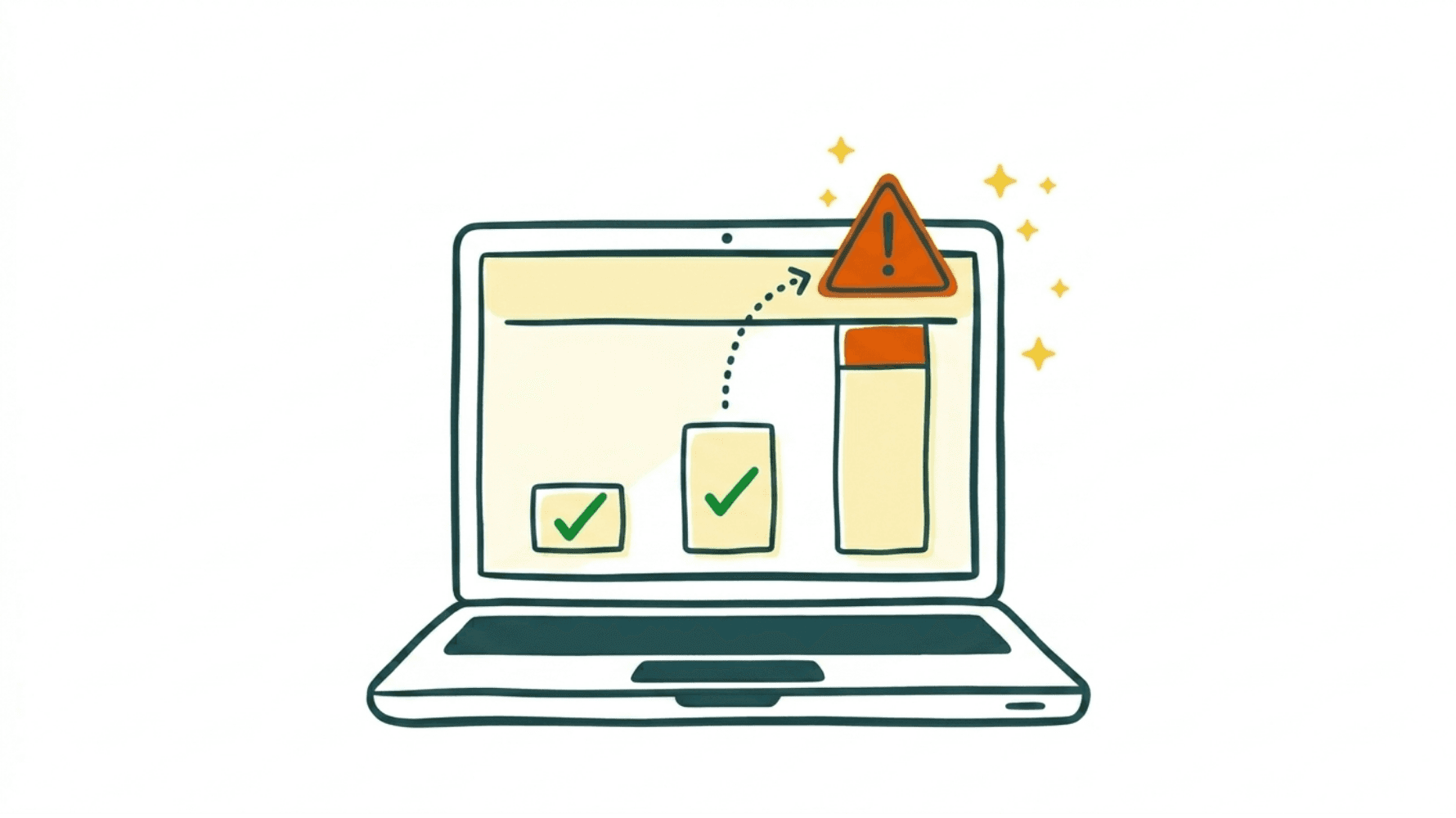 Laptop screen showing a bar chart with two bars validated by green checkmarks and a third bar hitting a ceiling marked by an orange warning triangle, symbolizing QuickBooks invoice processing automation limits