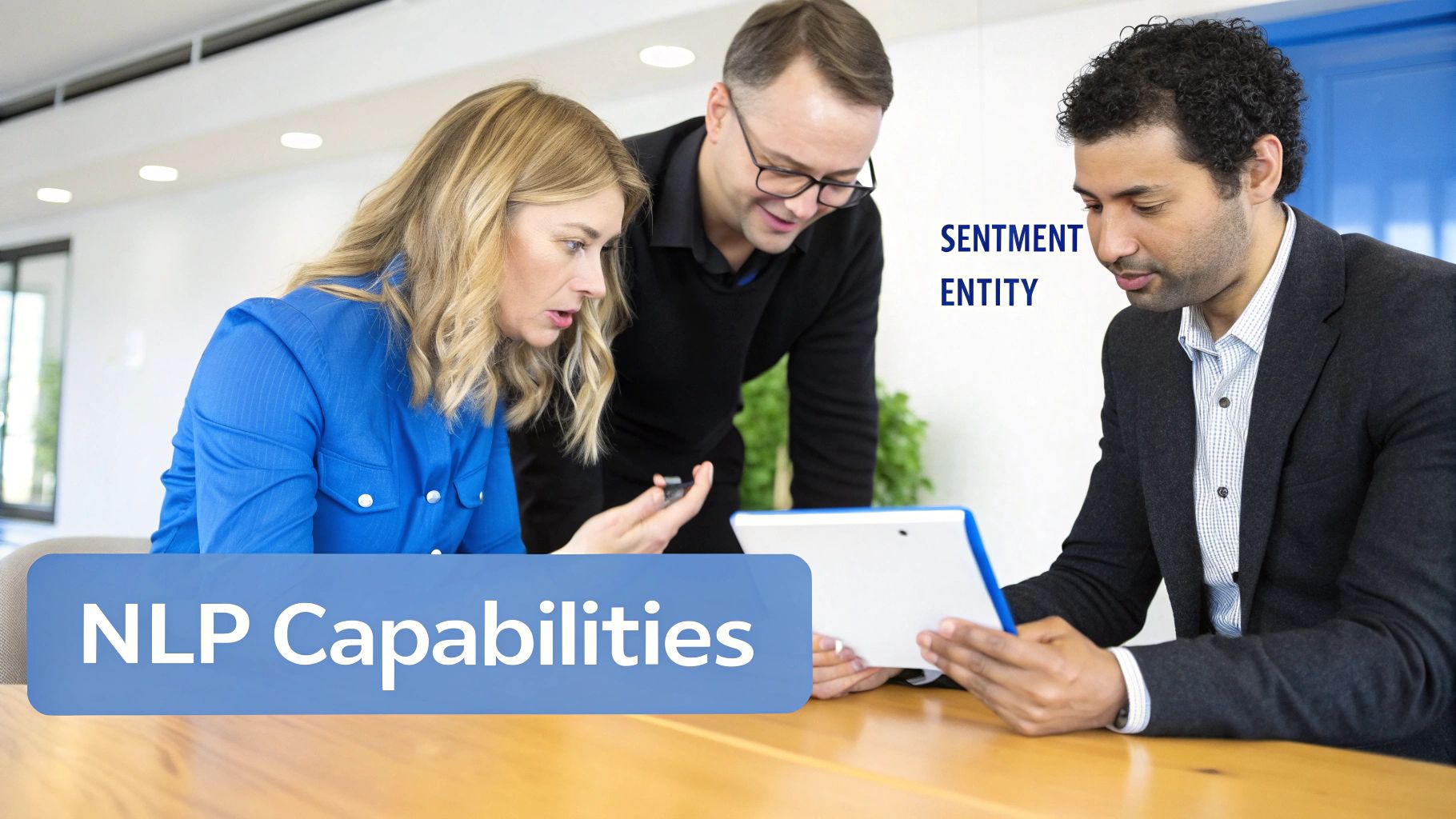 Three colleagues discussing NLP capabilities, sentiment, and entity extraction while looking at a tablet.