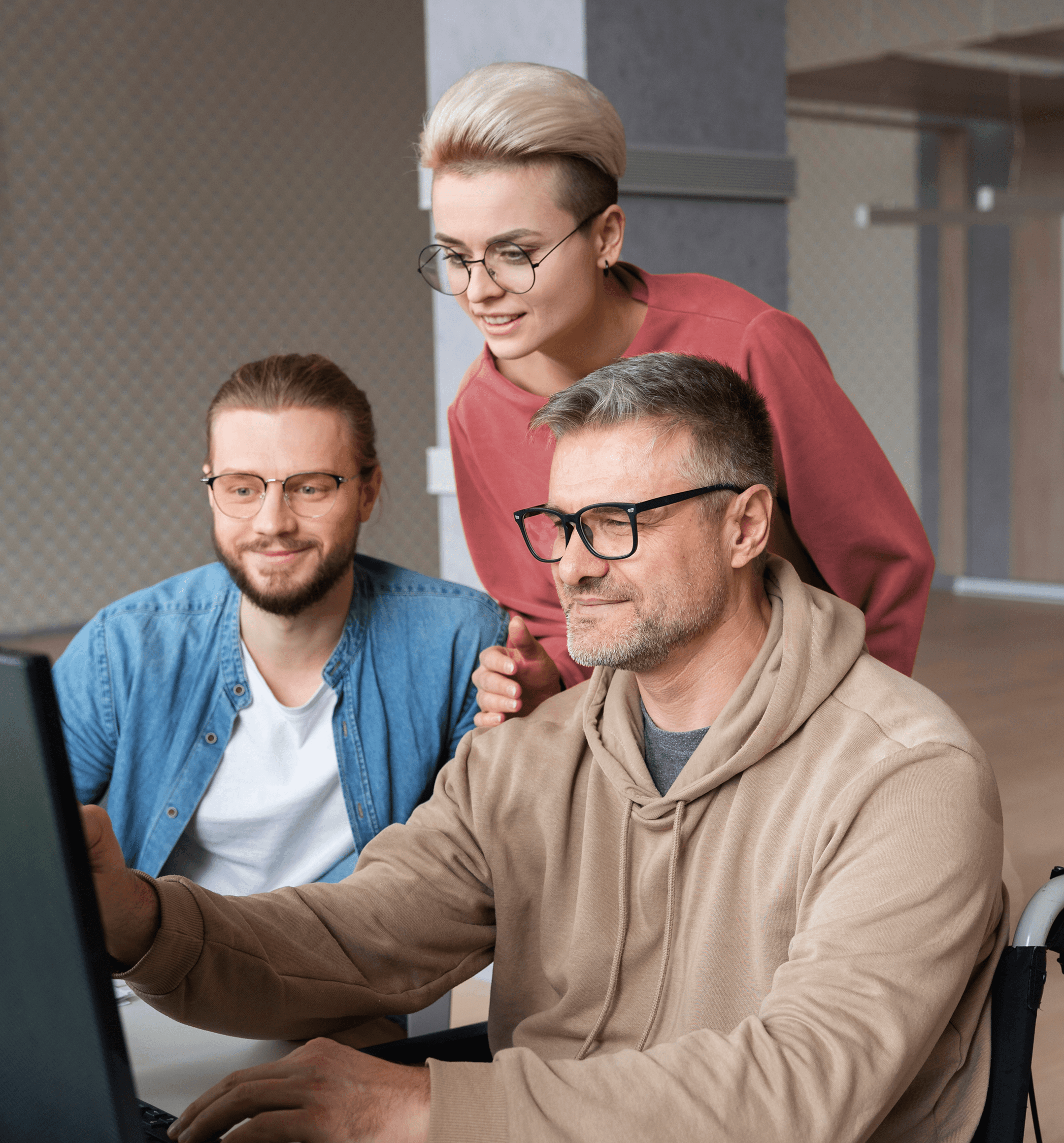 Three men having a discussion at a table with documents and coffee. Like  Dislike
