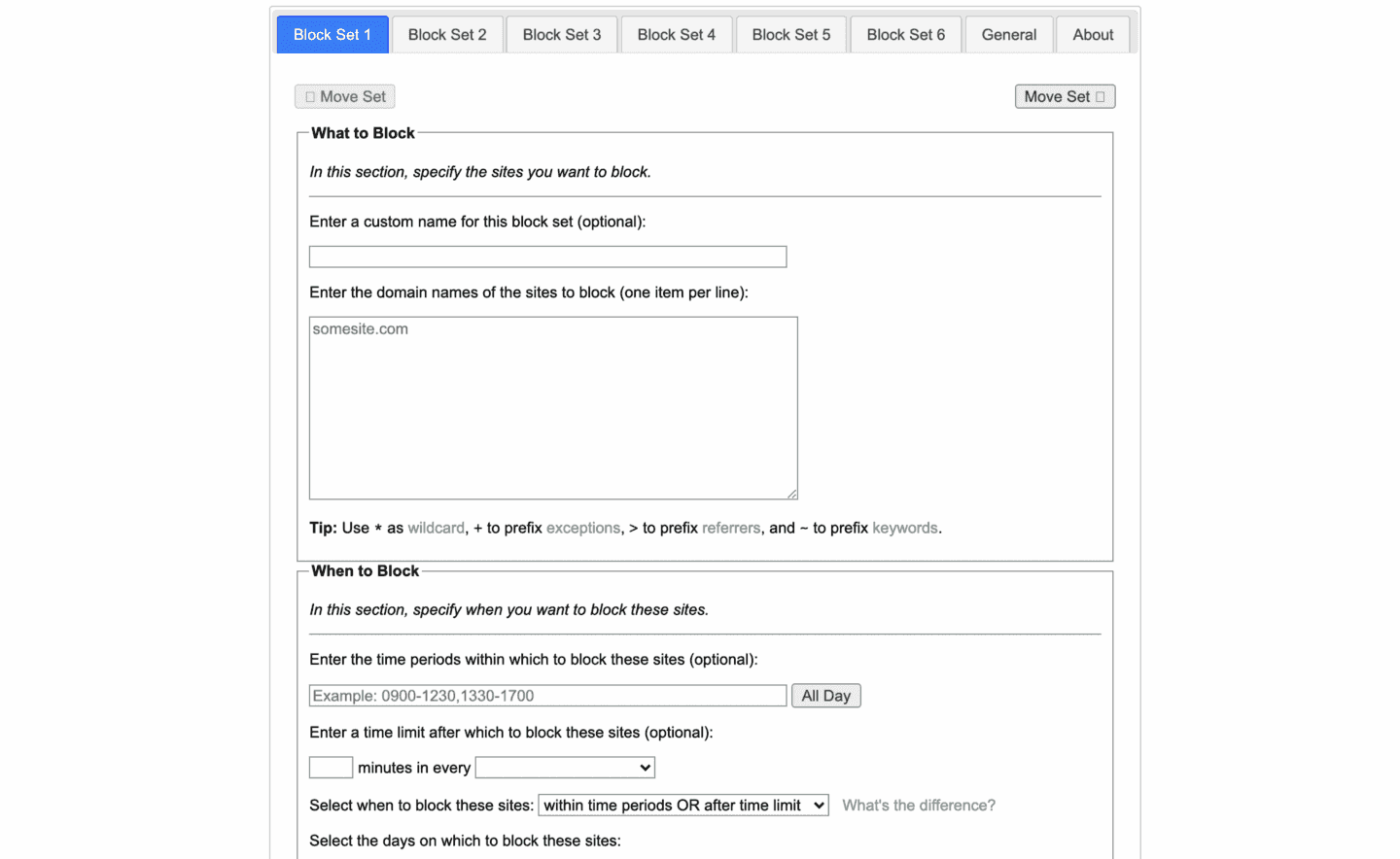 Developer productivity tool LeechBlock's Interface.