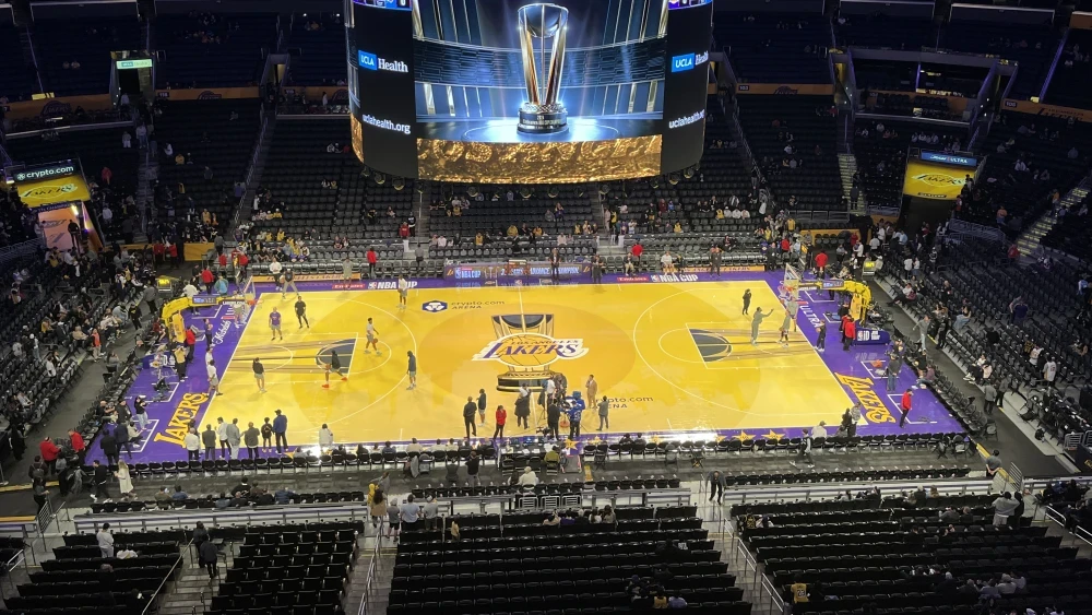 The Los Angeles Lakers’ court during the 2024 NBA Cup, at the Crypto.com Arena in Los Angeles, Nov. 29, 2024. Credit: Troutfarm27 via Wikimedia Commons.