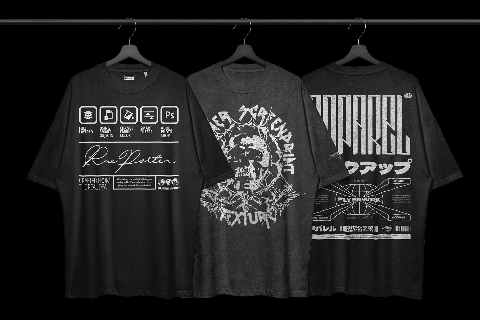 Rue Porter T-Shirt hanging mockup with multiple shirt design examples