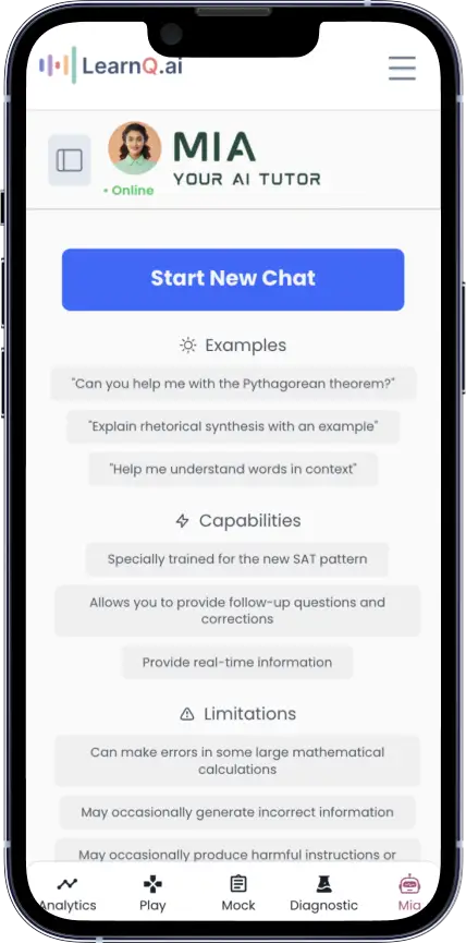 Mia - Your AI SAT tutor page on the LearnQ.ai mobile app