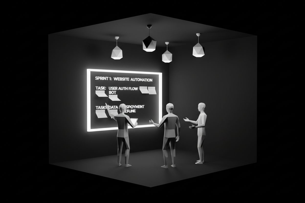 Team planning implementation steps on a whiteboard