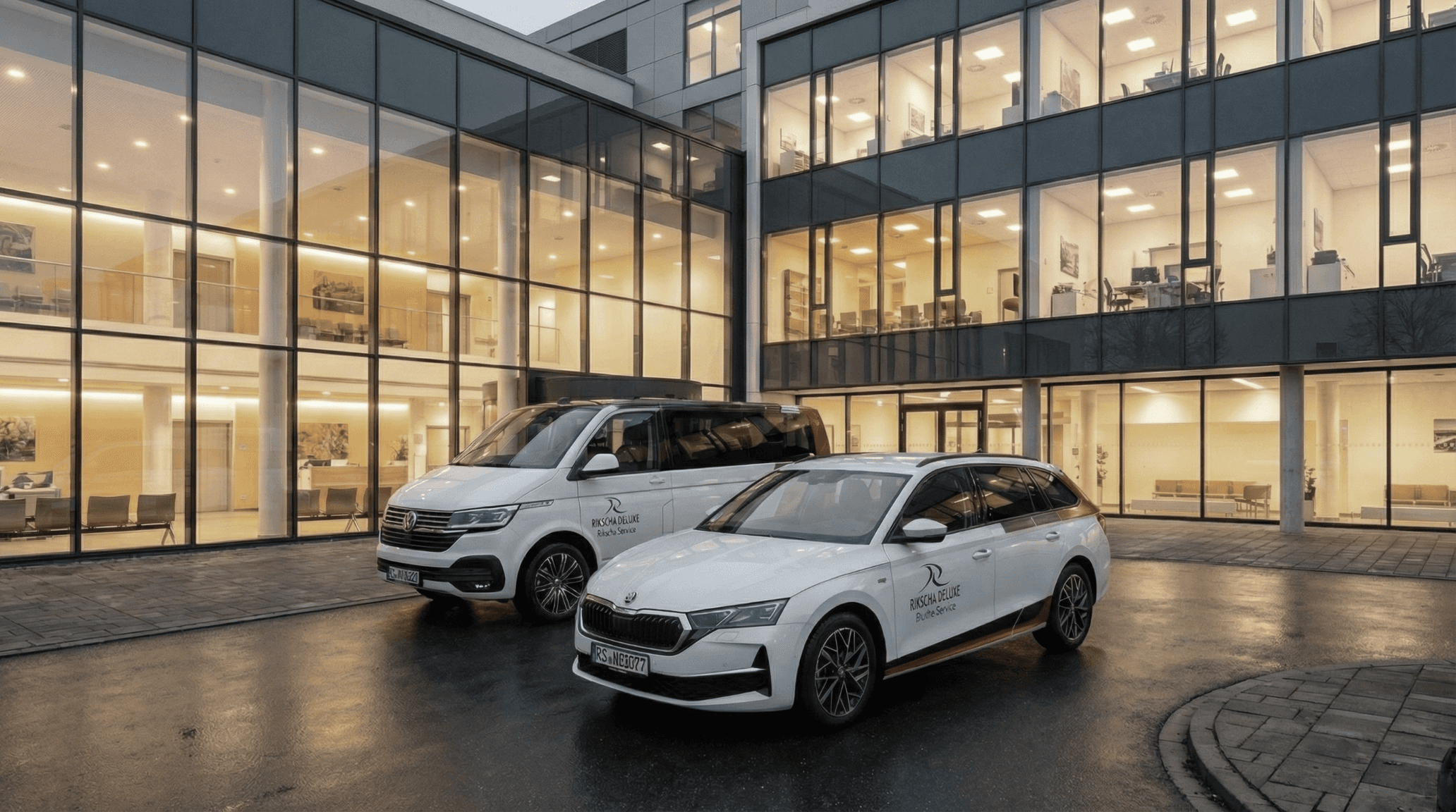 Zwei Rikscha Deluxe Fahrzeuge – ein VW Bus und ein Škoda Octavia – mit Beschriftung auf den Türen, geparkt vor einem modern beleuchteten Krankenhaus bei Tag.​​​​​​​​​​​​​​​​