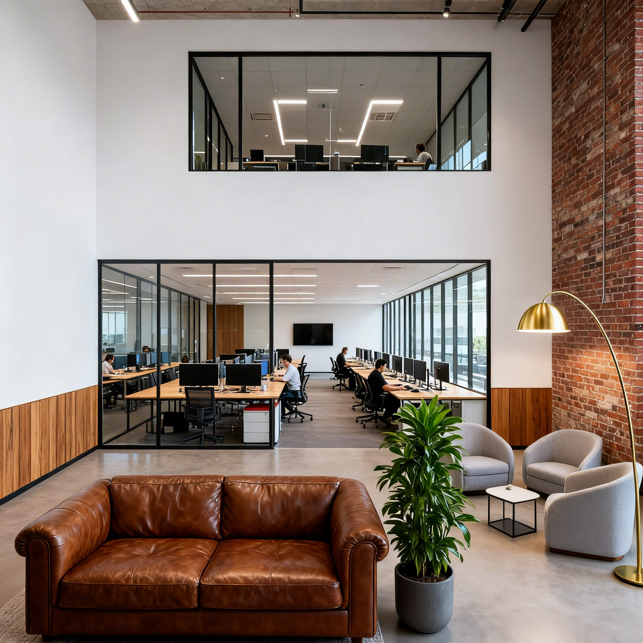 Leather seating area in an industrial-style office interior