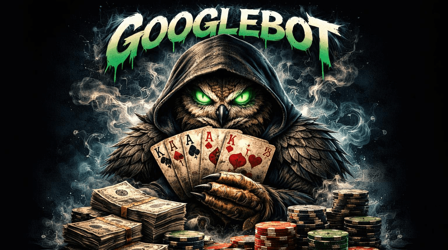  surreal and vibrant cinematic photo of a premium streetwear t-shirt graphic featuring a hooded owl with glowing green eyes and sharp talons, holding a fan of playing cards 