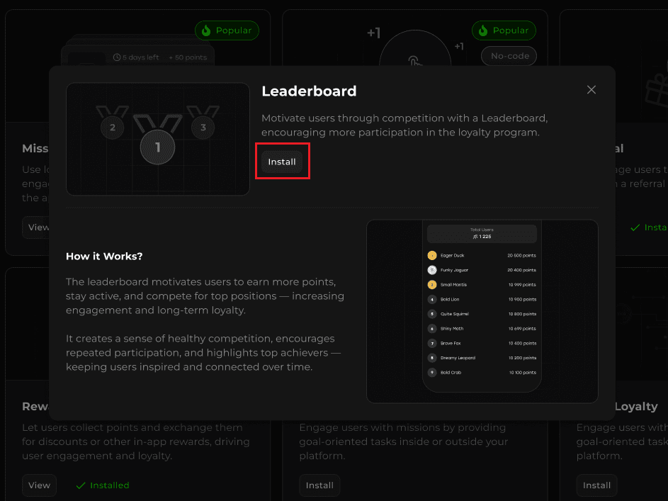 My Widget section, Leaderboard card