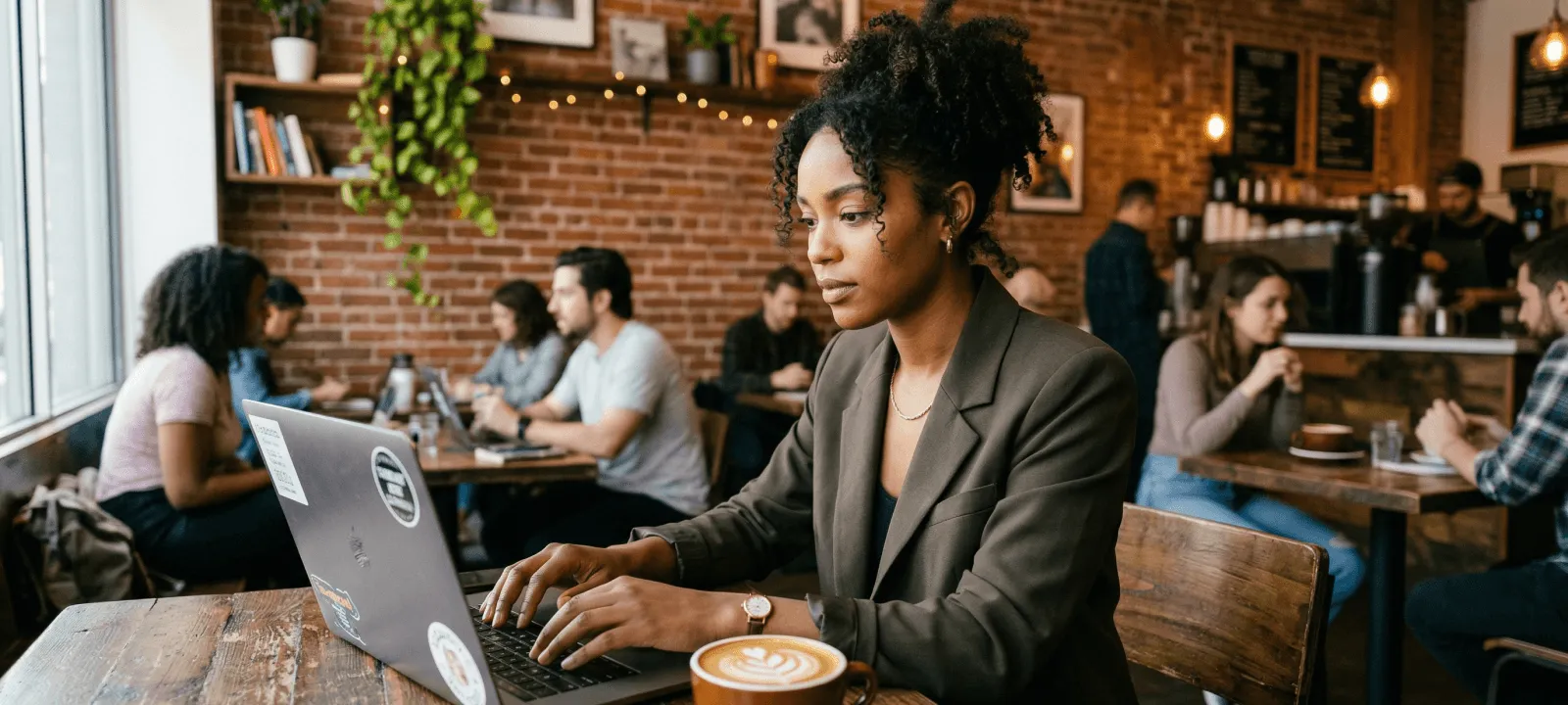 Woman working on a laptop at a coffee shop near The Reserve at Cool Springs, Elizabethtown, KY