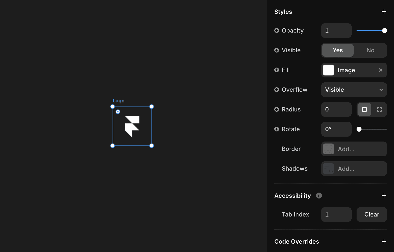 A screenshot of a design tool showing a logo element in the center with style and accessibility settings displayed on the right panel. The logo resembles a geometric "F" made of white triangles on a black background.