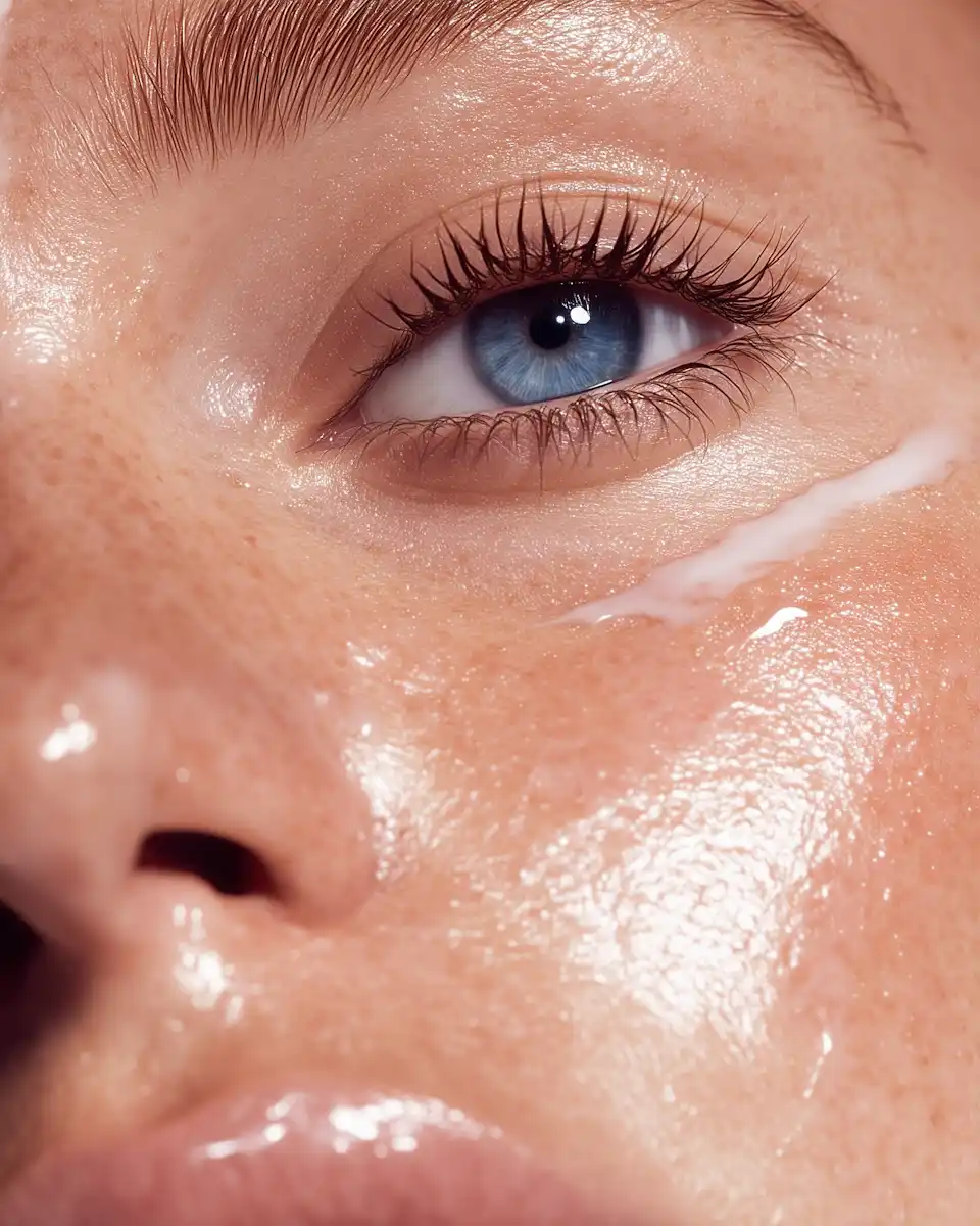 Macro close up of hydrated skin and blue eye with moisturizing facial cream texture