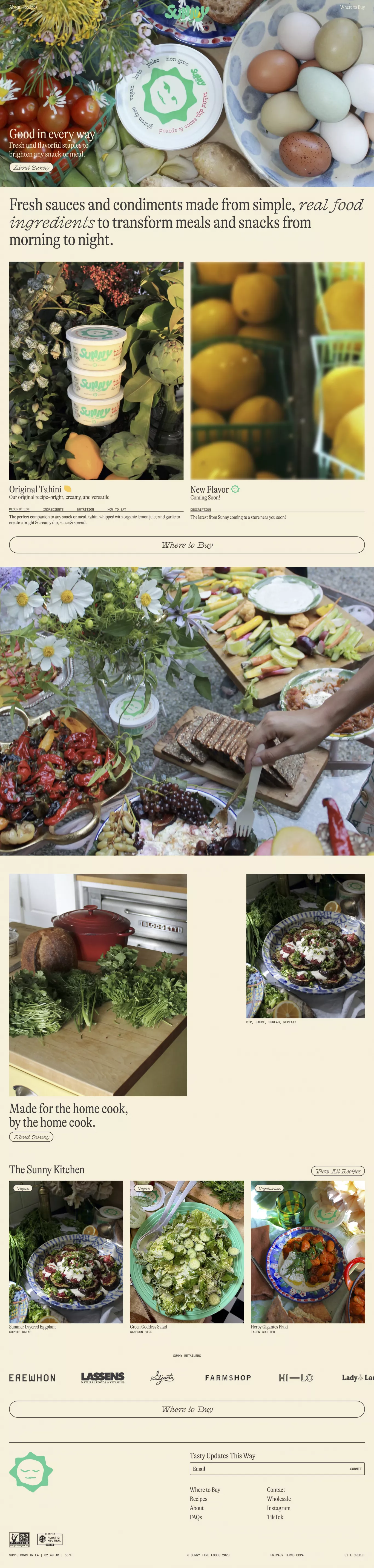 Sunny Fine Foods · Tahini Dip, Sauce & S landing page screenshot showcasing Food & Drinks and Local Business design