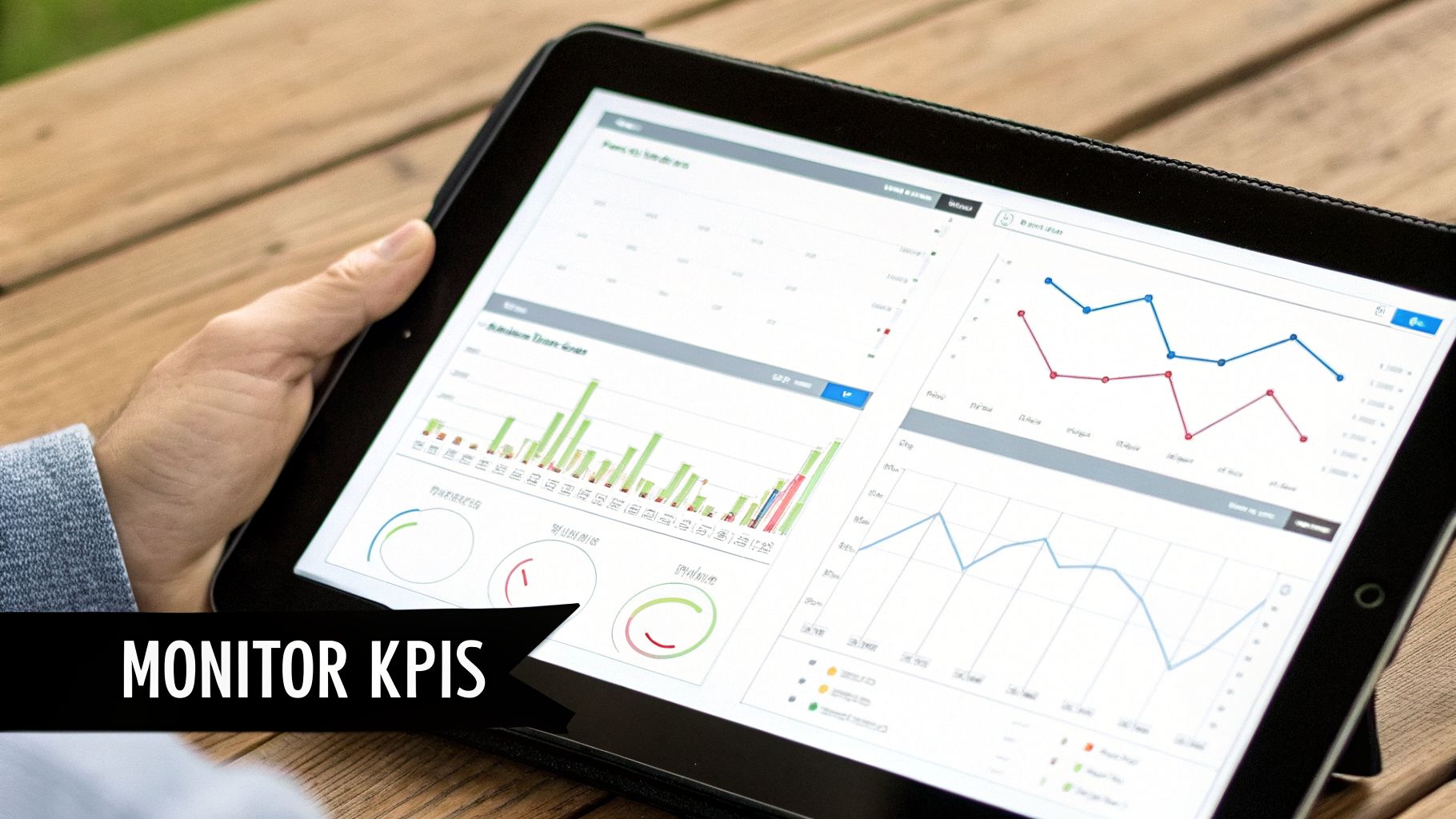 A person monitors KPIs on a tablet displaying various charts and graphs, representing data analysis.