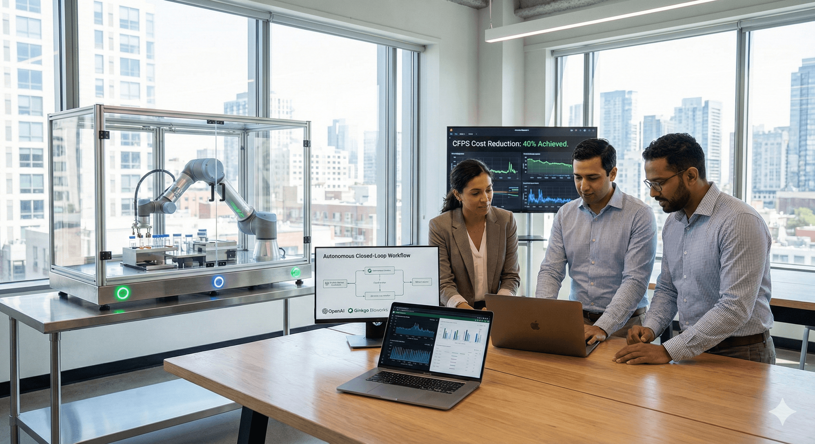 A team of professionals collaborates in a modern office featuring advanced technology, including a robotic arm and laptops displaying graphs and charts, with a city skyline visible through large windows, illustrating innovative AI solutions and cost efficiency.