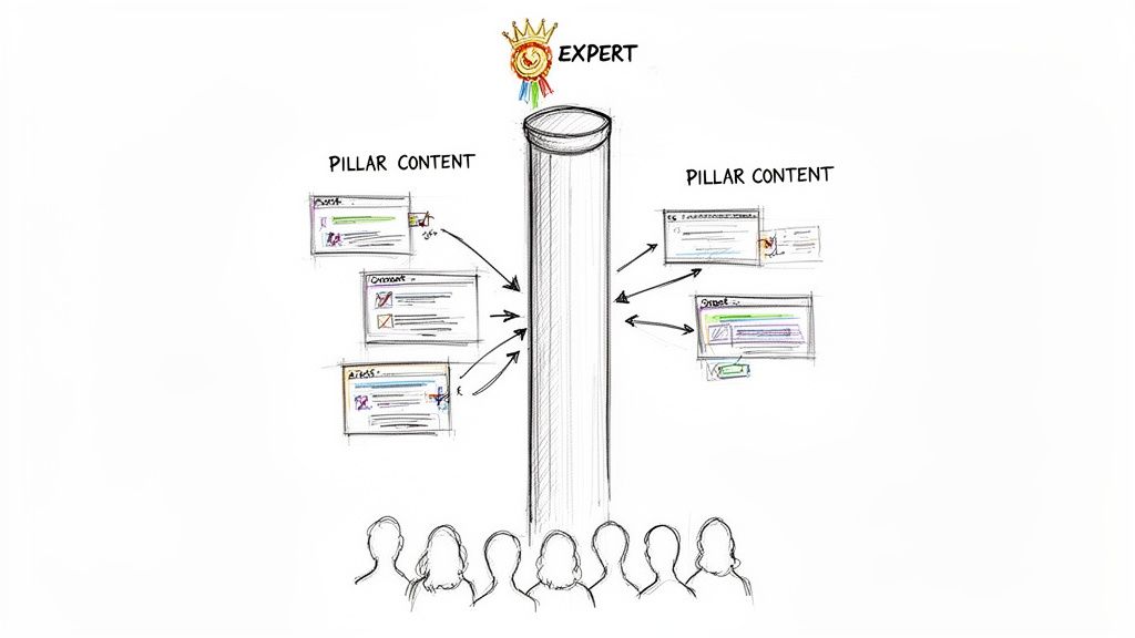 Diagram showing how diverse pillar content builds an expert's central knowledge hub.