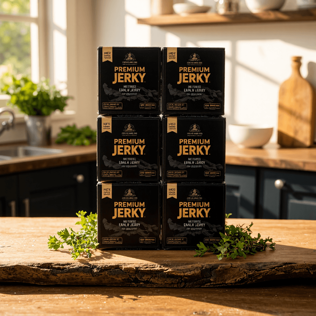 product photography of a box of Jeju black pork jerky