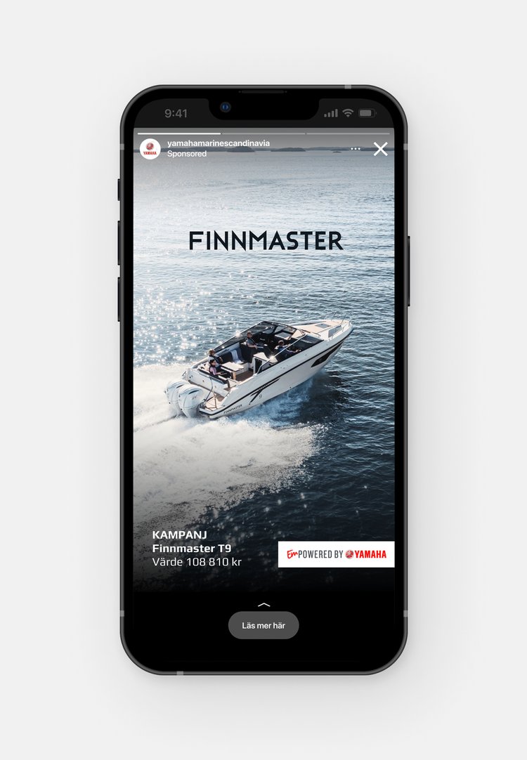 iPhone mockup displaying Instagram Stories of a Yamaha Motors Scandinavia marketing campaign: a boat from the side.