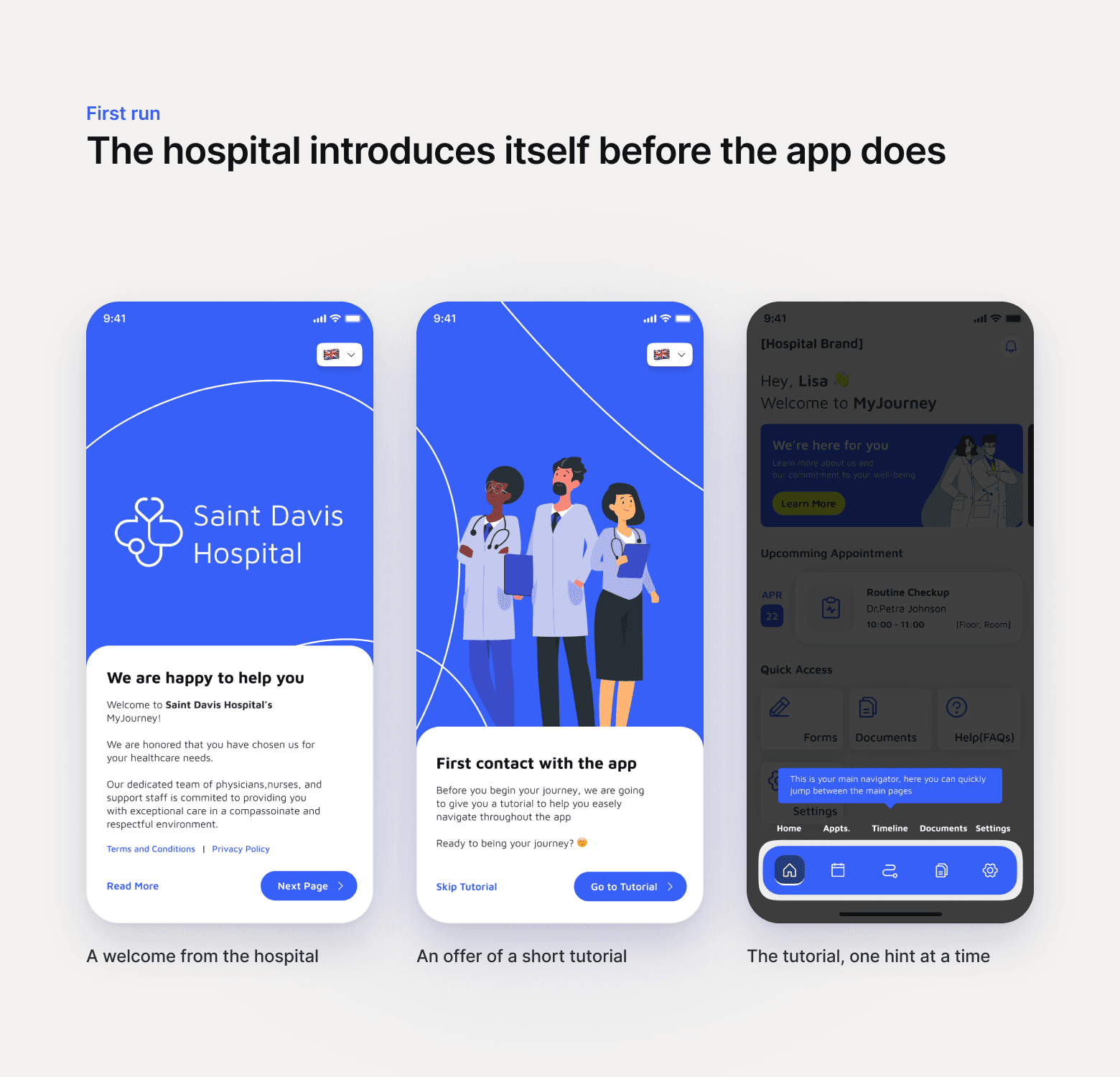Onboarding: a welcome from the hospital, an offer of a short tutorial and the tutorial hints