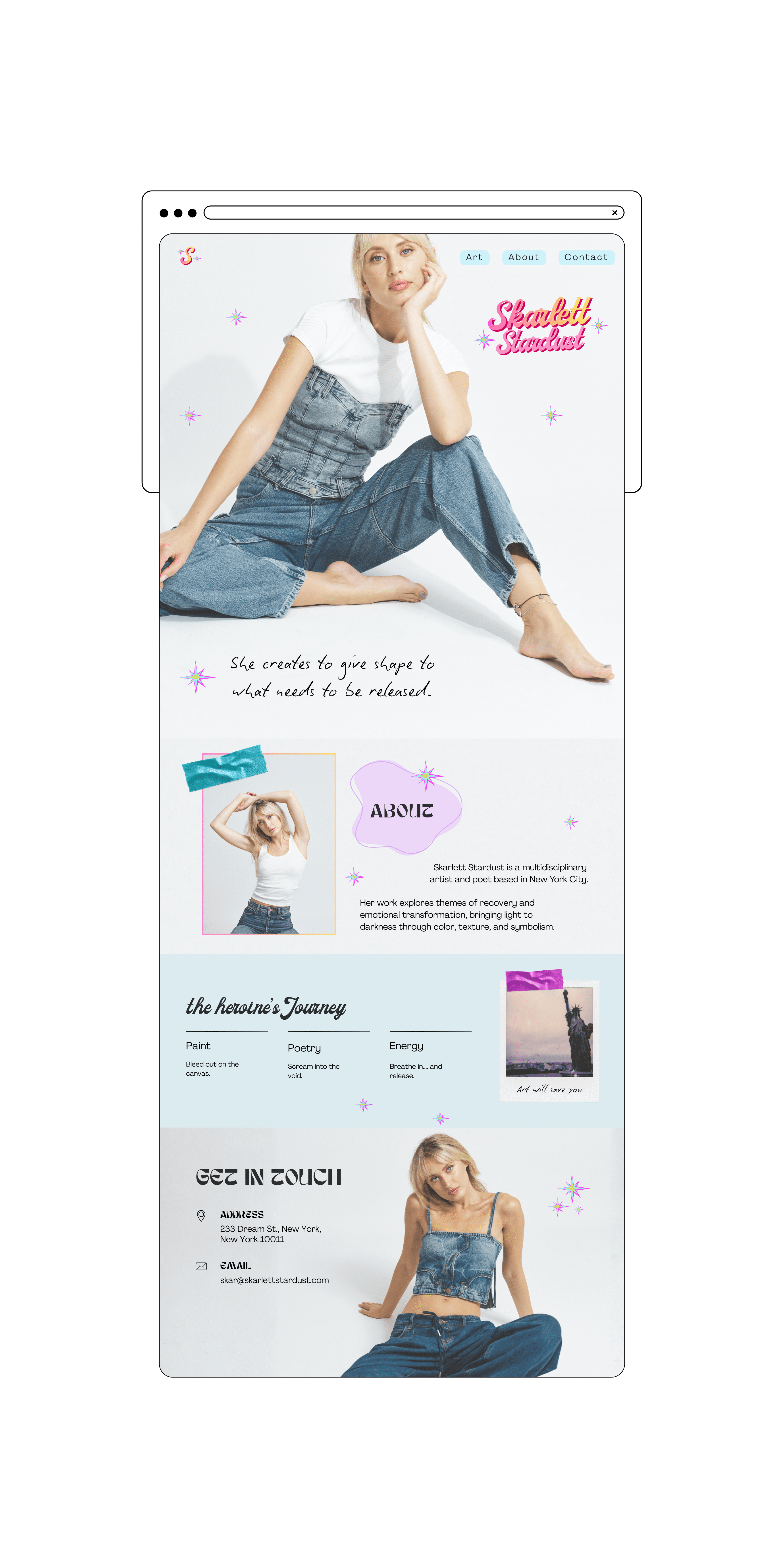 Desktop website design for Skarlett Stardust featuring artist branding and editorial layout.