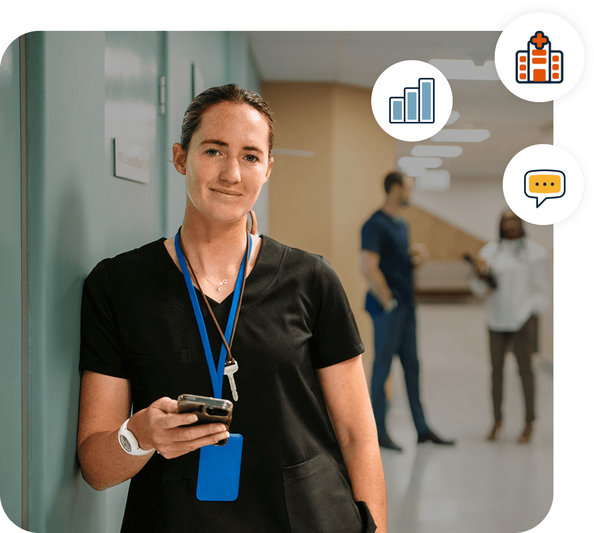 Female health worker holding a phone, with icons superimposed on the image showing a bar chat, hospital, and chat bubble. 