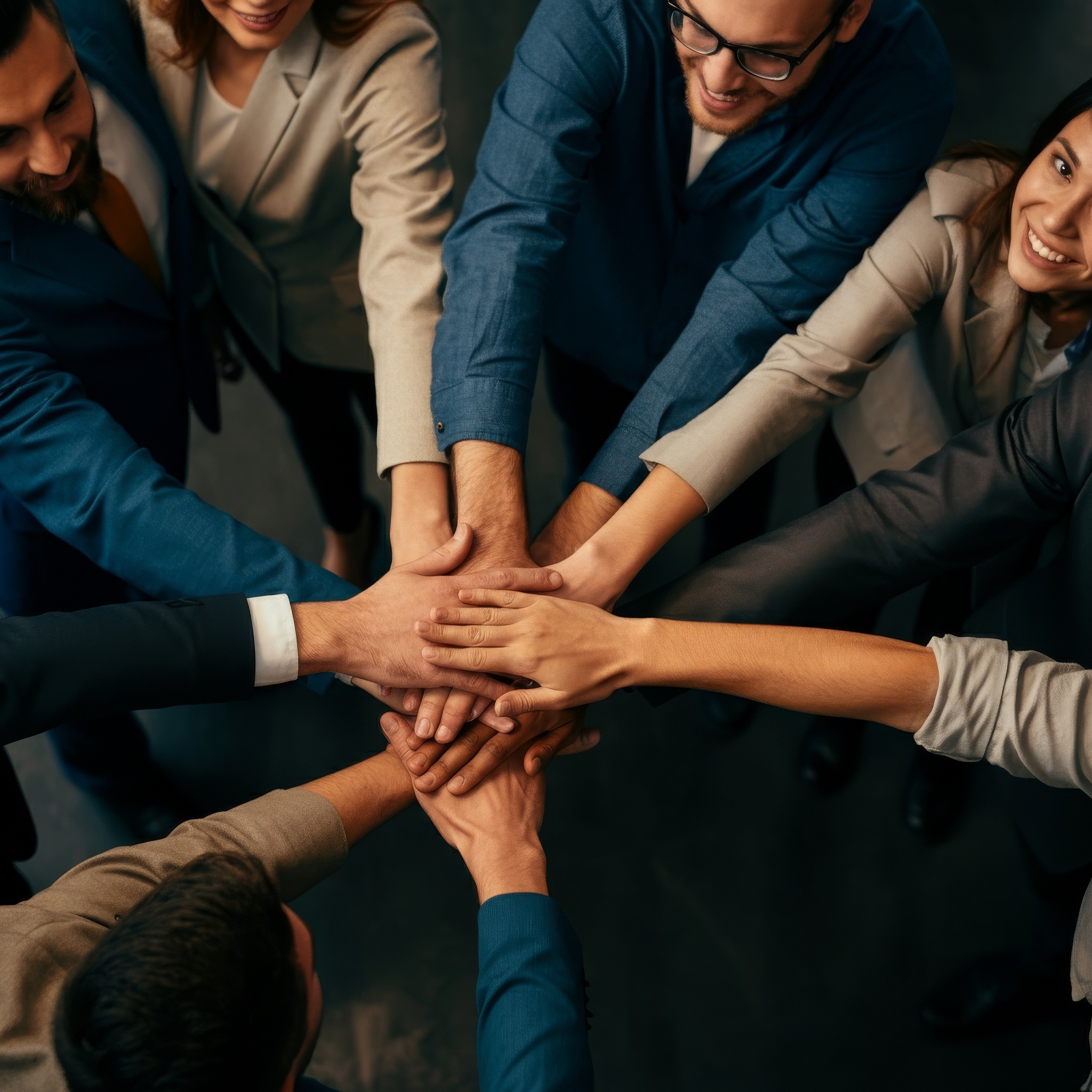 Teammates photographed from the top-down as they all place their hand on-top-of one anothers.