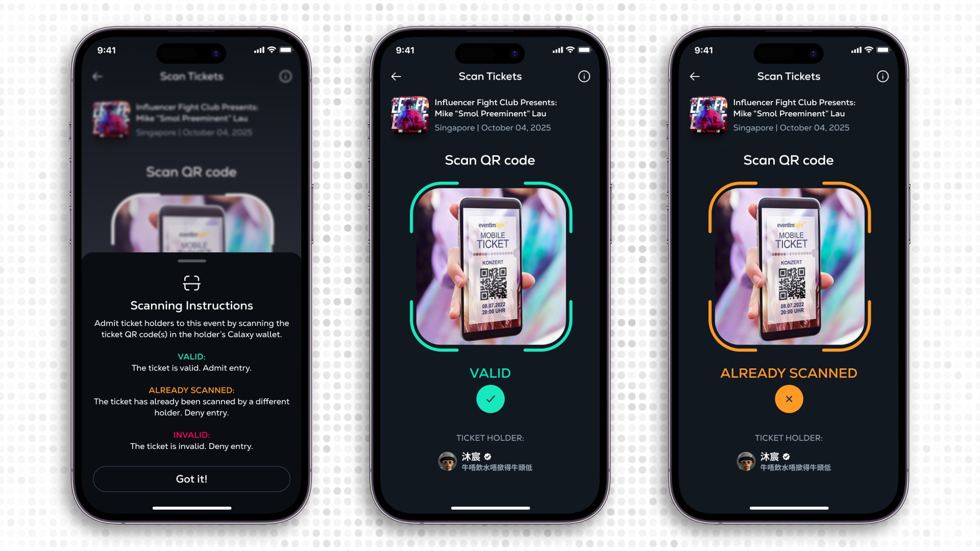 Event location and venue configuration screen from the Calaxy Protopie demo, showing address entry, saved locations, and live event setup for NFT ticketing.