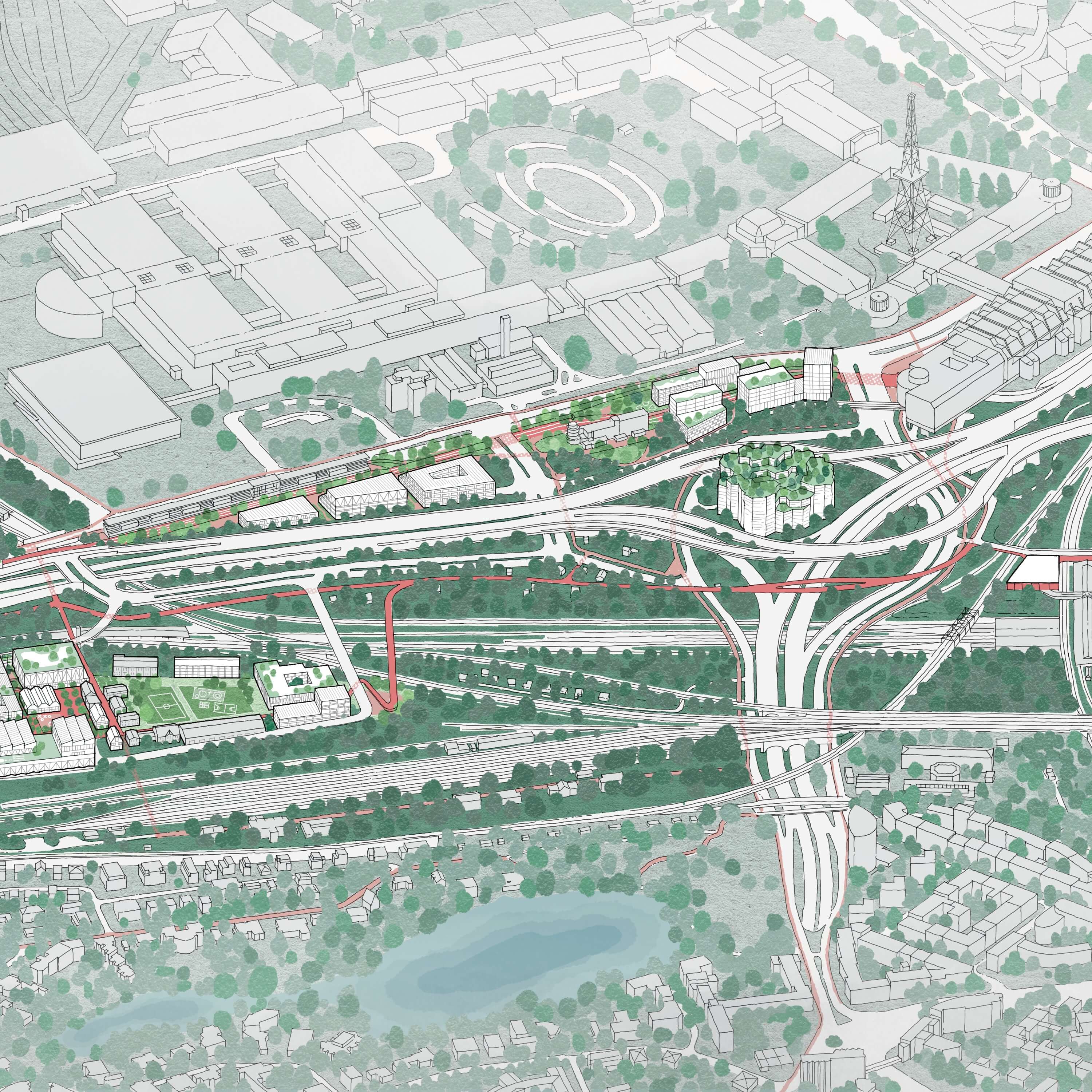 Aerial view of a city layout featuring roads, parks, and buildings, illustrated in light green and blue tones.