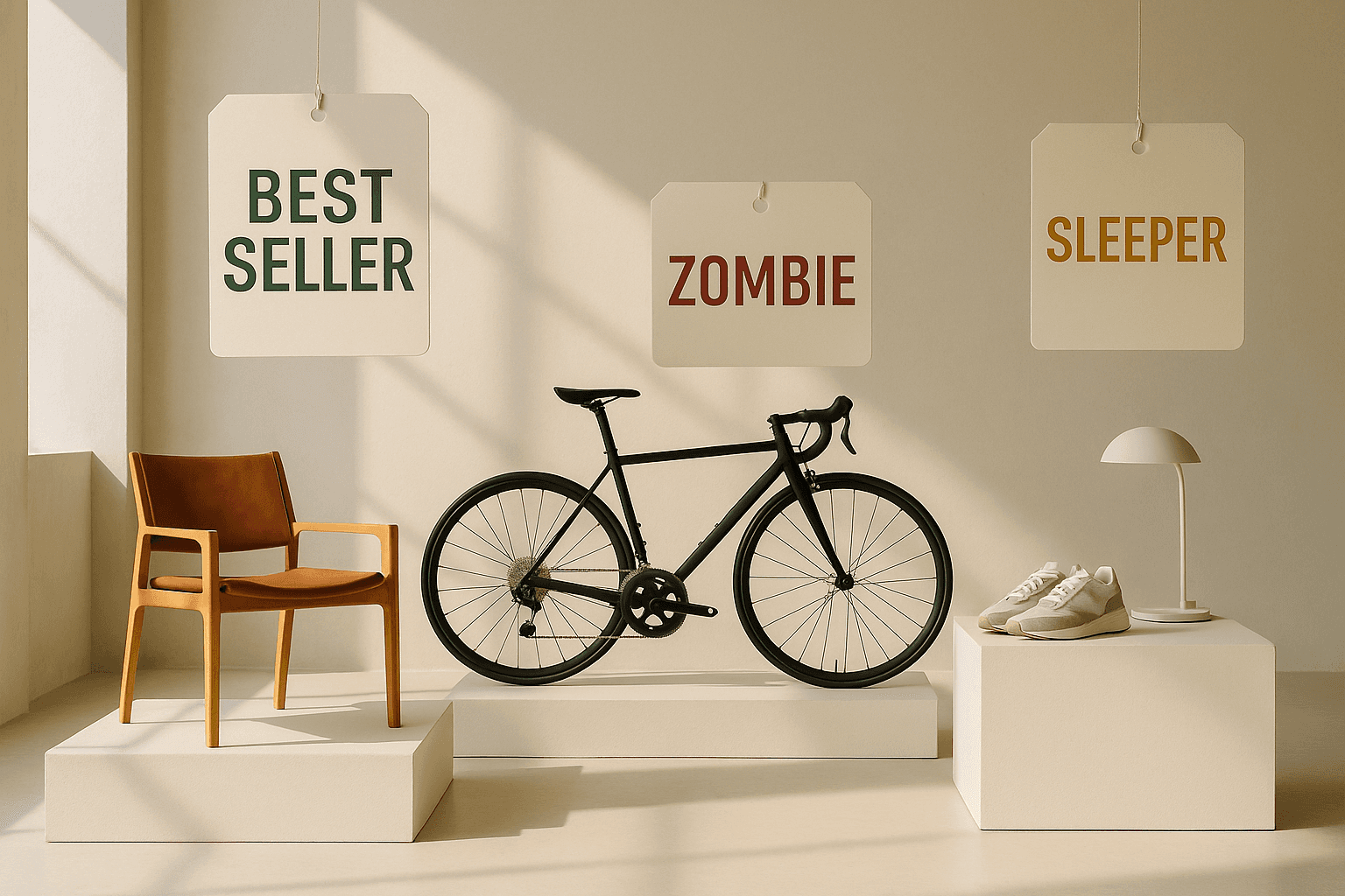 Chair, Bike and Shows with labels above them