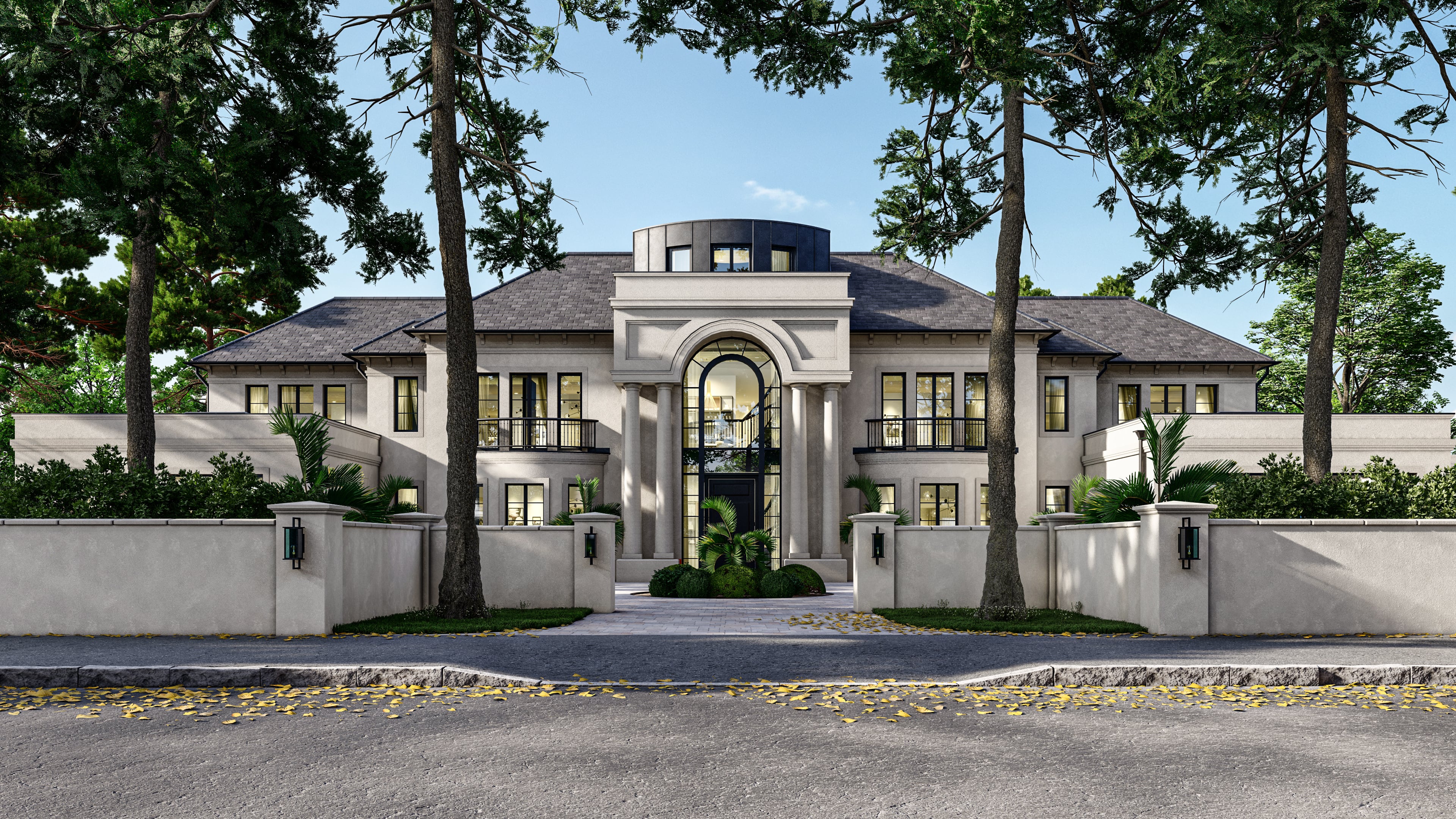 big mansion surrounded by trees and a big pathway exterior