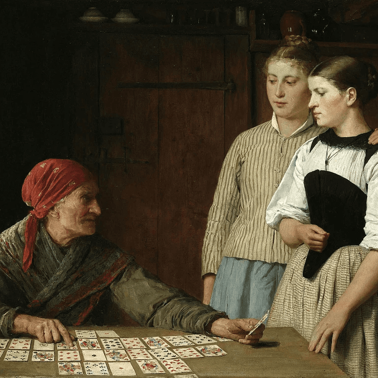A classical oil painting of an elderly fortune teller in a red headscarf laying out playing cards on a table. Two young women in 19th-century peasant dress stand nearby looking on.